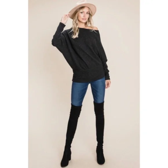 SOLD OUT Black Solid Ribbed Off Shoulder Dolman Sweater - Picture 3 of 5